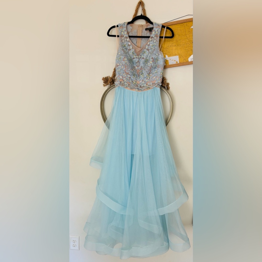 Elegant Light Blue 2 Piece Embellished Prom Dress